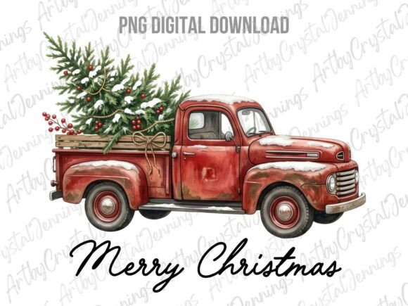 Download Retro Red Merry Christmas Truck PNG - Christmas Collection