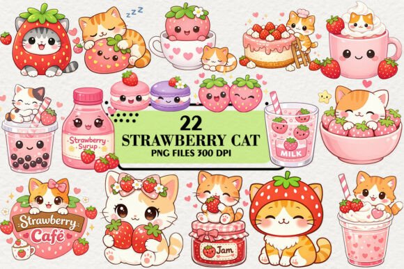 Download Kawaii Strawberry Cat Clipart Bundle - Clipart bundle Collection