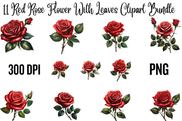 Download Red Rose Flower with Leaves Clipart Bund - Leaves Collection