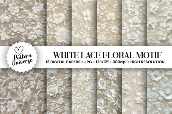 Download White Lace Floral Motif Digital Paper - White Collection